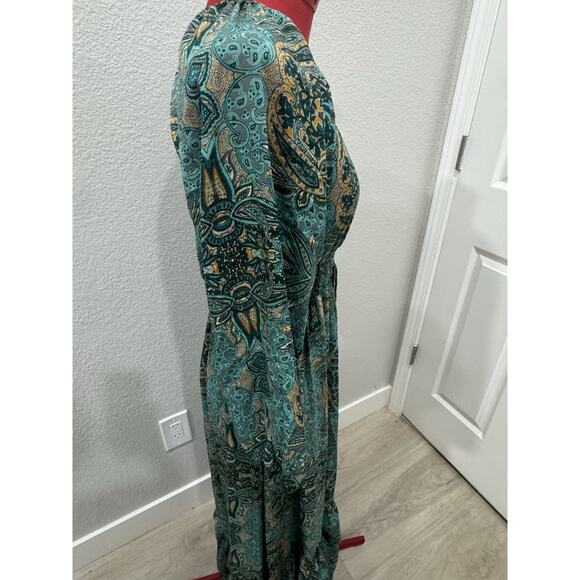 Paisley Print Maxi Dress Long Sleeve Teal Green Bohemian Style - Picture 5 of 7